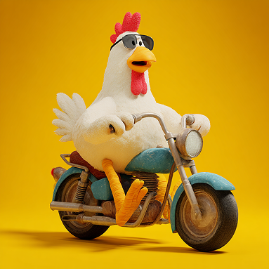 Chicken character on motorcycle